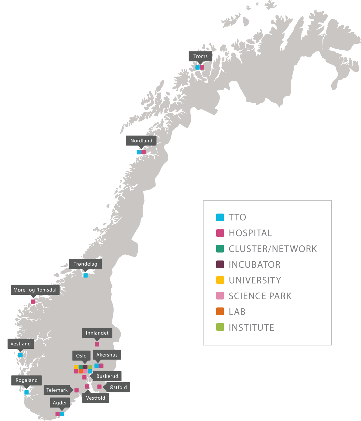 Norgeskart med Inven2 lokasjoner